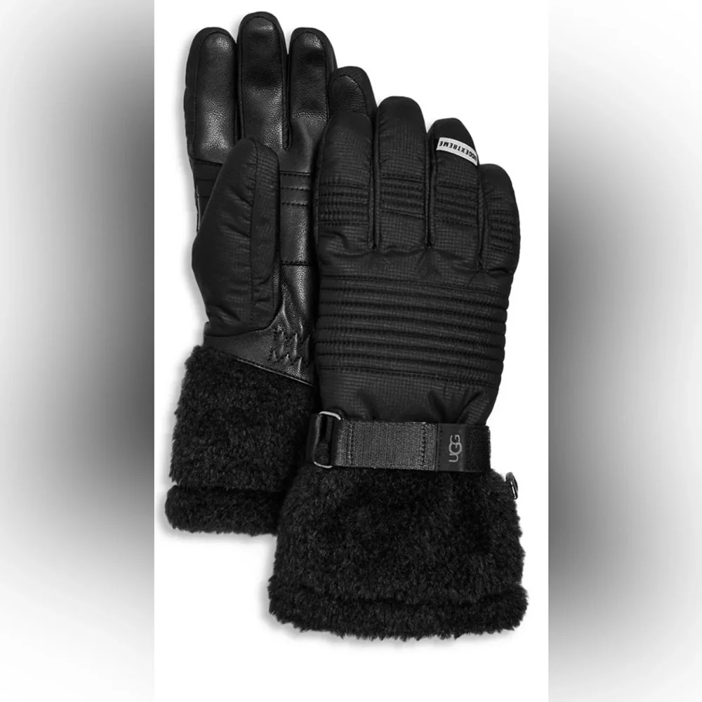 NWT UGG Women’s MetroPeak Gloves Black Leather Faux Fur Size Large